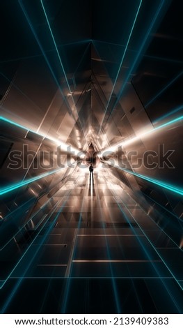 Dark abstract Sci Fi Triangle tunnel background. Man Standing with Glowing Light Rays. 3d Rendering