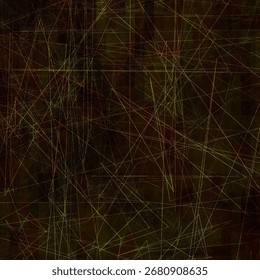 Dark abstract texture with muted brown and black tones overlaid by fine linear scratches. The layered composition evokes aged wood, worn leather, or distressed industrial surfaces with a subtle
