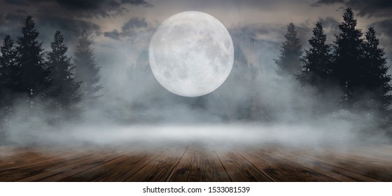 Dark abstract winter forest background. Wooden floor, snow, fog. Dark night background in the forest with moonlight. Night view. Winter night scene. Winter in the forest, a house in the mountains. - Powered by Shutterstock