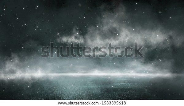 Dark abstract winter forest background. Wooden\
floor, snow, fog. Dark night background in the forest with\
moonlight. Night view,\
magic