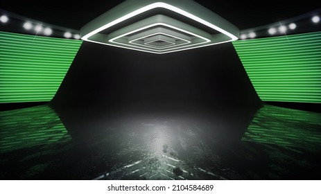 Dark Aesthetic Virtual Studio, Broadcast Background. Ideal For Drama Tv Shows, Dark Events Or Documentaries. 3D Rendering Backdrop Suitable On VR Tracking System Stage Sets, With Green Screen