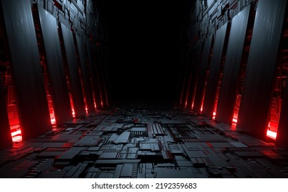 Dark Alien Spaceship Corridor Hallway Passage Entrance With Red Glowing Light Illustration 3d Rendering