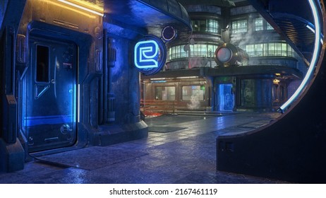 Dark Alleyway In A Futuristic Cyberpunk City At Night With Neon Lights On The Buildings. 3D Illustration.