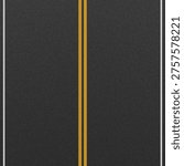 Dark asphalt road surface texture illustration featuring double yellow center dividing lines and white edge lane markings. This realistic highway pavement background is perfect for transportation, dri