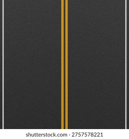Dark asphalt road surface texture illustration featuring double yellow center dividing lines and white edge lane markings. This realistic highway pavement background is perfect for transportation, dri