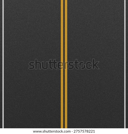Dark asphalt road surface texture illustration featuring double yellow center dividing lines and white edge lane markings. This realistic highway pavement background is perfect for transportation, dri