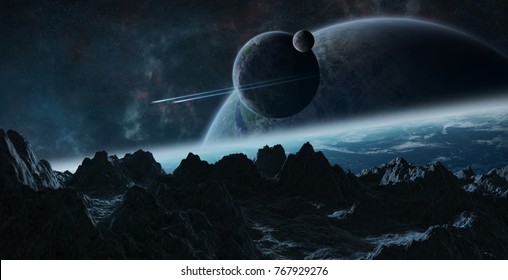 Dark asteroids flying close to planets in space 3D rendering elements of this image furnished by NASA - Shutterstock ID 767929276