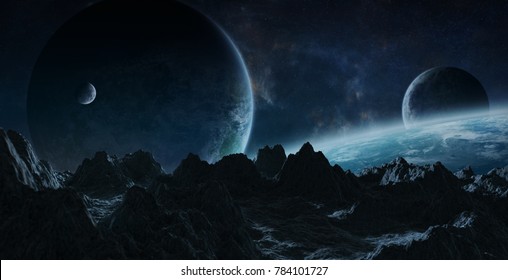 Dark asteroids flying close to planets in space 3D rendering elements of this image furnished by NASA