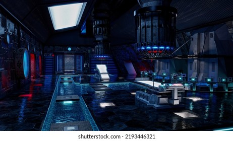 Dark Atmospheric Futuristic Science Fiction Alien Technology Lab Room In A Space Ship Or Station. 3D Illustration. 
