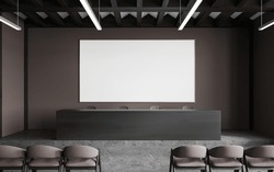 Dark Auditorium Interior With Desk And Brown Chairs In Row, Grey Concrete Podium. Conference, Interview Or Lecture Room With Mockup Blank Banner. 3D Rendering