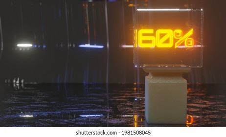 dark background with a column and luminous figures with a percent sign in a glass showcase. clearance concept. 3d render illustration