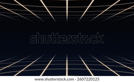 A dark background features a glowing grid pattern. Lines converge creating a 3D perspective effect.