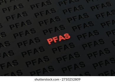 A dark background features numerous instances of the acronym "PFAS" with one prominent red "PFAS" symbolizing environmental concern and chemical pollution.