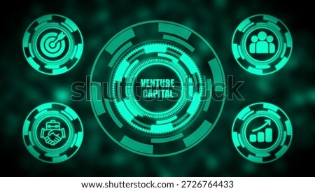 A dark background with five glowing green related to venture capital, including a target, people, graph, handshake with briefcase, and a central circle with the words venture capital.