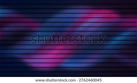 A dark background with horizontal blinds covering a blurred view of pink and blue lights. The blinds are evenly spaced and run across the entire The colors behind the blinds are soft and diffused, creating a dreamy effect.