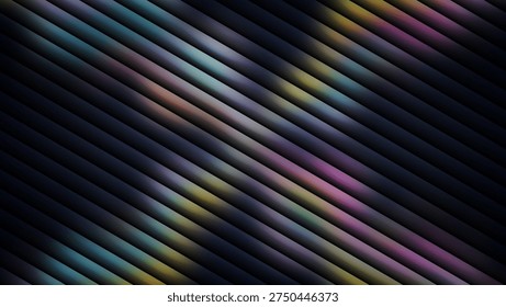 The a dark background with multiple diagonal streaks of vibrant, glowing light in various colors including purple, pink, blue, green, and yellow. The streaks are blurred and create a dynamic, abstract pattern that suggests motion and energy. The overall effect is luminous and radiant, with a strong sense of chromatic intensity and vividness.