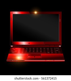 dark background and the red laptop with flash