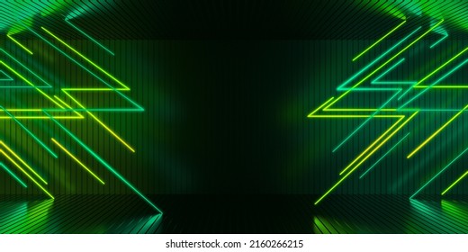 Стоковая иллюстрация: Dark background stage, copy space, colorful neon green lights, bright reflections. 3d rendering illustration
