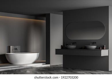 Dark Bathroom With Black Parquet Floor, White Bathtub And Two Sinks With Mirror, Side View. Minimalist Black Bathroom With Modern Furniture, 3D Rendering No People