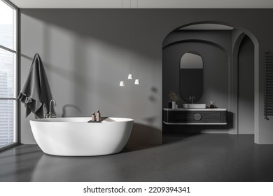 Dark Bathroom Interior With Bathtub And Sink With Drawer, Bathing Corner With Panoramic Window. Mockup Copy Space Wall. 3D Rendering