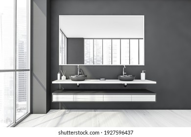 Dark Bathroom With Two Washbasins And White Drawers, Front View, Large Mirror. Minimalist Design Of Modern Bathroom With Marble Floor, 3D Rendering No People