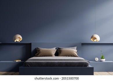 Dark Bed And Mockup Dark Blue Wall In Bedroom Interior,3d Rendering