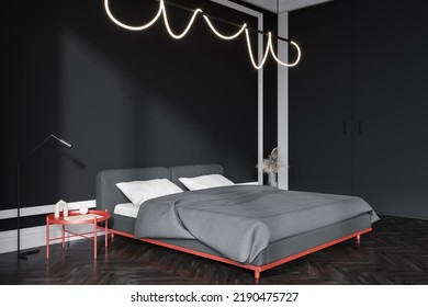 Dark Bedroom Interior Bed And Nightstand With Art Decoration, Side View, Invisible Shelf Door And Hardwood Floor. Lamp And Mockup Black Wall. 3D Rendering