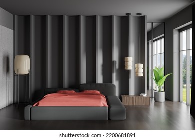 Dark Bedroom Interior Bed And Nightstand With Books, Plant On Hardwood Floor. Partition And Panoramic Window On Countryside. 3D Rendering