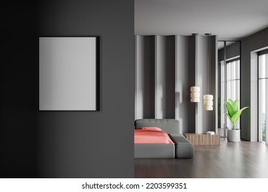 Dark Bedroom Interior Bed And Nightstand With Books, Big Plant On Hardwood Floor. Panoramic Window On Countryside View. Mock Up Canvas Poster. 3D Rendering