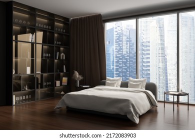 Dark Bedroom Interior Bed And Shelf With Glasses And Decoration, Side View, Hardwood Floor. Panoramic Window On Singapore City View. Modern Hotel Studio Apartment. 3D Rendering