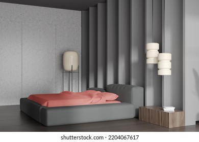 Dark Bedroom Interior Bed And Wooden Nightstand With Books, Side View, Hardwood Floor. Relaxing Corner In Hotel Studio With Invisible Shelf Door. 3D Rendering