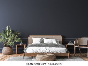 Dark bedroom interior mockup, wooden rattan bed on empty dark wall background, Scandinavian style, 3d render , 3d illustration