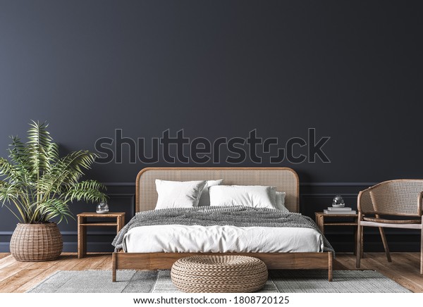 Dark bedroom interior mockup, wooden rattan\
bed on empty dark wall background, Scandinavian style, 3d render ,\
3d illustration