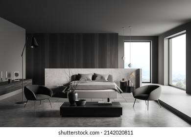 Dark Bedroom Interior, Two Armchairs And Coffee Table On Grey Concrete Floor, Front View. Drawer With Art Decoration. Panoramic Window On Countryside. 3D Rendering