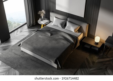 Dark Bedroom Interior With Wooden Parquet, A Large Window, A Gray Bed And Two Bedside Tables. White Poster On Wall. Top View. 3d Rendering Mock Up