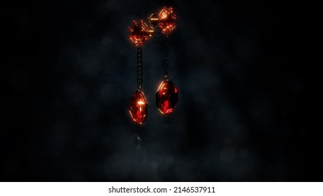 Dark bijouterie bg with gold shackles set and red ruby gems, fictitious - abstract 3D rendering