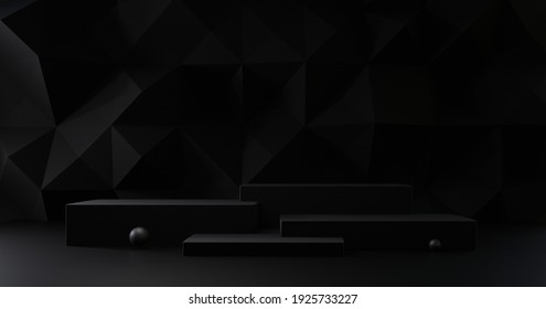 Dark black 3d background with geometric shapes, podium on the floor. Platforms for product display presentation, geometry. Abstract composition design, showcase pedestal cosmetics , copy space