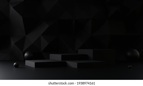 Dark black 3d background with geometric shapes, Empty podium on floor. Platforms product presentation, cosmetics Abstract display composition minimal design, showcase, pedestal, promotion, studio room