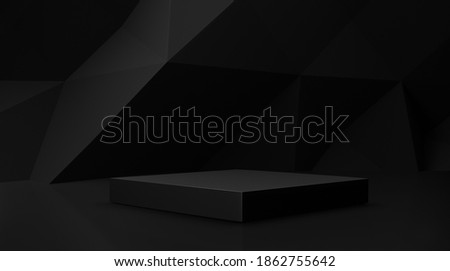 Dark black 3d background with one geometric shapes, podium on the floor. Platforms for product presentation, Abstract composition design, showcase minimal is black , copy space, bander