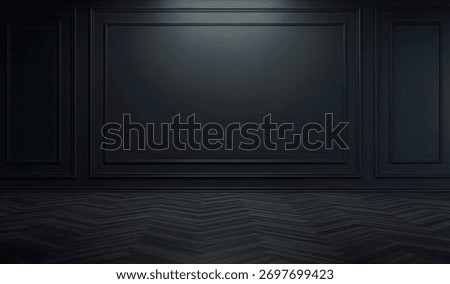 Dark Black Classic Wall Panel Mockup and Black Herringbone Wood Floor Background