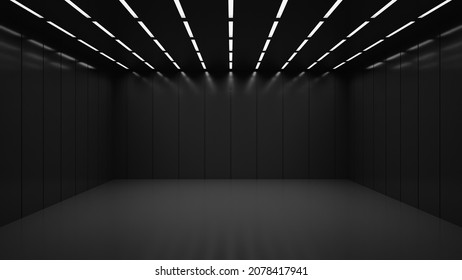 Dark black empty architecture interior space room studio background backdrop wall display products minimalistic. 3d rendering.