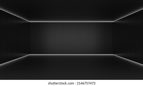 Dark black empty architecture interior space room studio background backdrop wall display products minimalistic. 3d rendering.