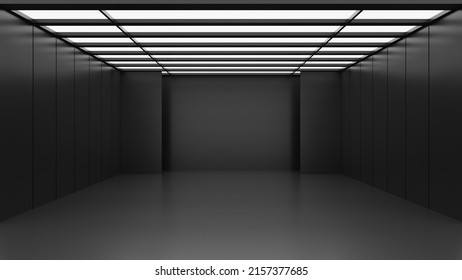Dark black empty architecture interior space room studio background backdrop wall display products minimalistic. 3d rendering.