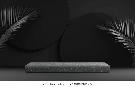 Dark Black Podium Display, Stage For Show Product With Palm Leaf Abstract Background, 3d Rendering