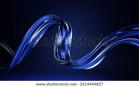 Dark blue 3d background with liquid glass transparent ribbon wave line. Abstract water tape with light refraction. Fluid flow curve shape on gradient black bg. Graphic design element. 3D Illustration