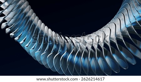 Dark blue 3d background with row of glass transparent circle twist plate shapes. Abstract crystal light holographic gradient curve wave pattern. Futuristic digital tech, motion effect. 3D Illustration