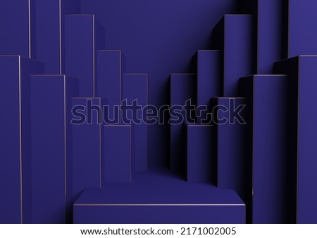 Dark blue 3D rendering product display podium or stand simple, minimal, symmetrical, geometric background or wallpaper for luxury product advertisement abstract city skyline