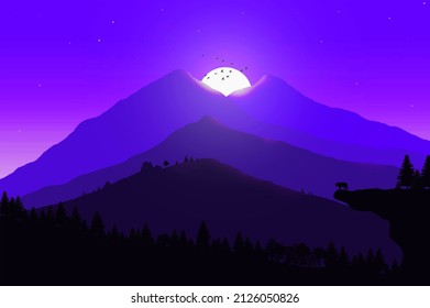 Dark Blue Animated Landscape. Early Morning In Wildlife. Nature Art