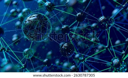 A dark blue backdrop showcases interconnected, glowing spheres of varying sizes, symbolizing a high-tech molecular network with intricate lines and nodes. High quality 3D render. 3D Illustration