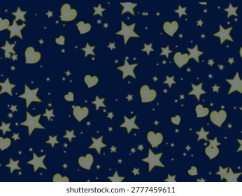 Dark blue background with a pattern of yellow stars and hearts. Various sizes of stars and heart shapes are scattered evenly across the image, creating a whimsical, celestial design. The stars are predominantly five-pointed, while the hearts are smooth and symmetrical. The color contrast gives a glowing effect, suggesting a luminous or nighttime motif.
